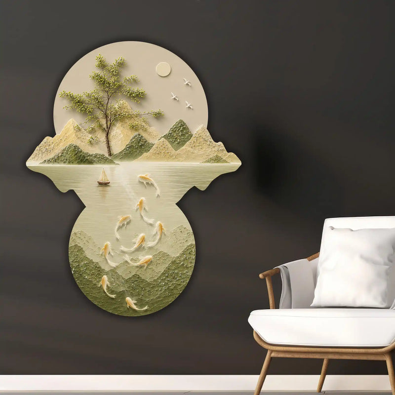 Aesthetic Koi Fish Mountain Landscape Premium Crystal Glass Backlit LED Painting