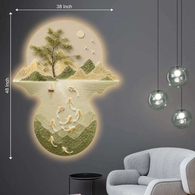 Aesthetic Koi Fish Mountain Landscape Premium Crystal Glass Backlit LED Painting