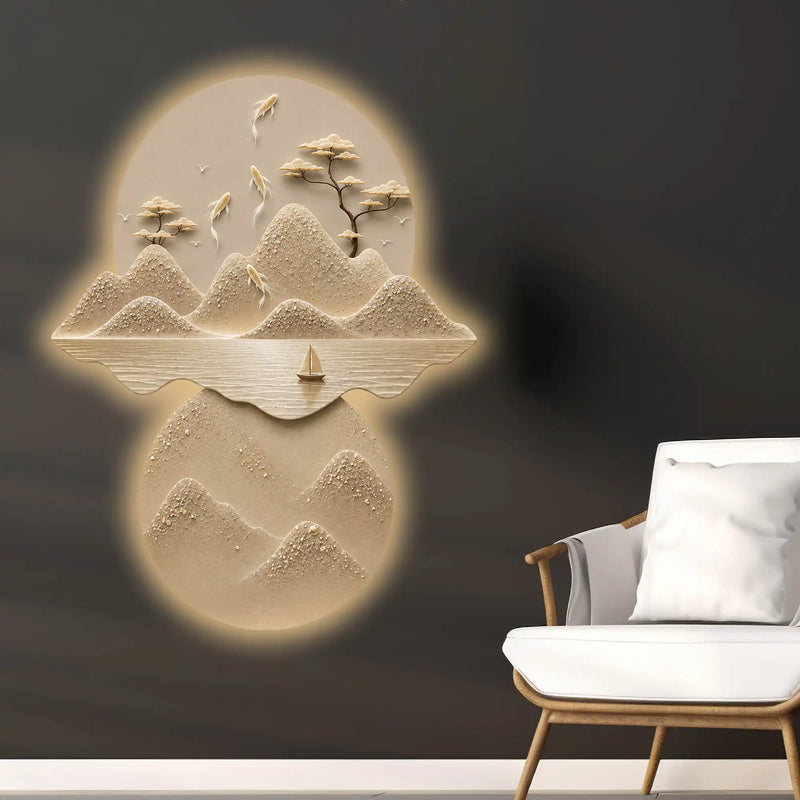 Aesthetic Mountains Trees & Koi Fish Premium Crystal Glass Backlit LED Painting