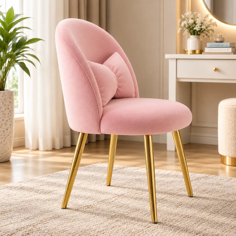 Aesthetic Pink Velvet Accent Chair with Bow Cushion & Golden Metal Legs
