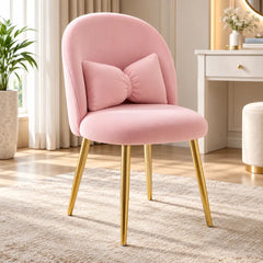 Aesthetic Pink Velvet Accent Chair with Bow Cushion & Golden Metal Legs