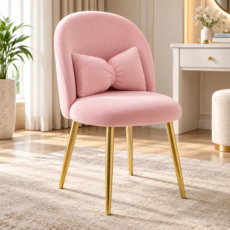 Aesthetic Pink Velvet Accent Chair with Bow Cushion & Golden Metal Legs