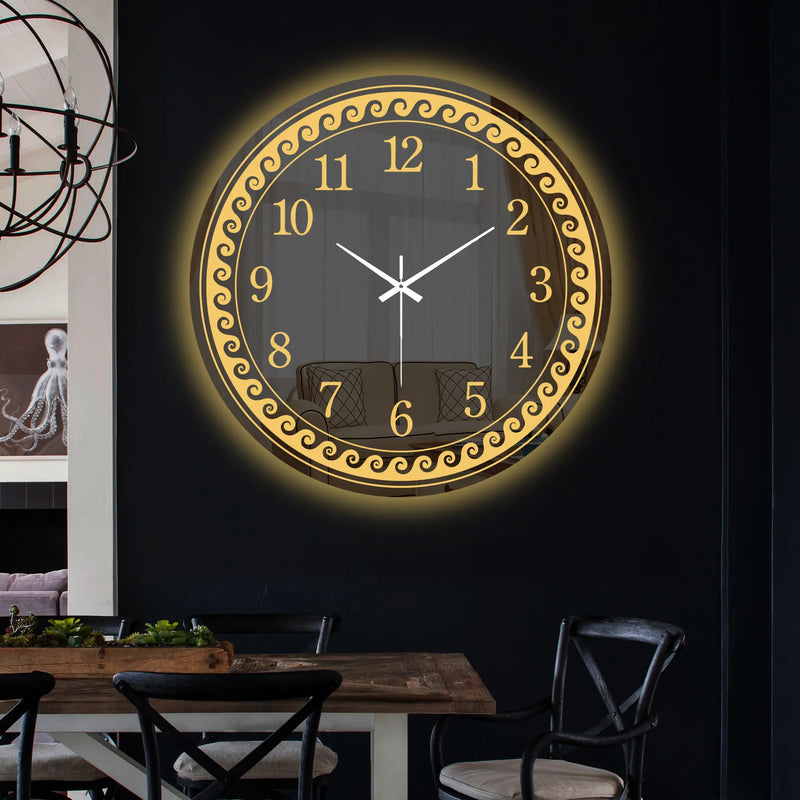 Aesthetic Round LED Mirror Wall Clock with Golden Swirl Design
