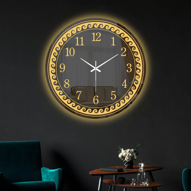 Aesthetic Round LED Mirror Wall Clock with Golden Swirl Design