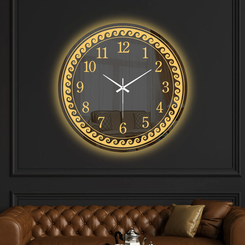 Aesthetic Round LED Mirror Wall Clock with Golden Swirl Design