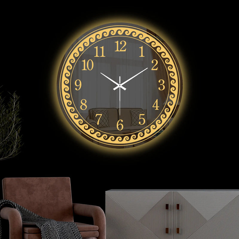 Aesthetic Round LED Mirror Wall Clock with Golden Swirl Design