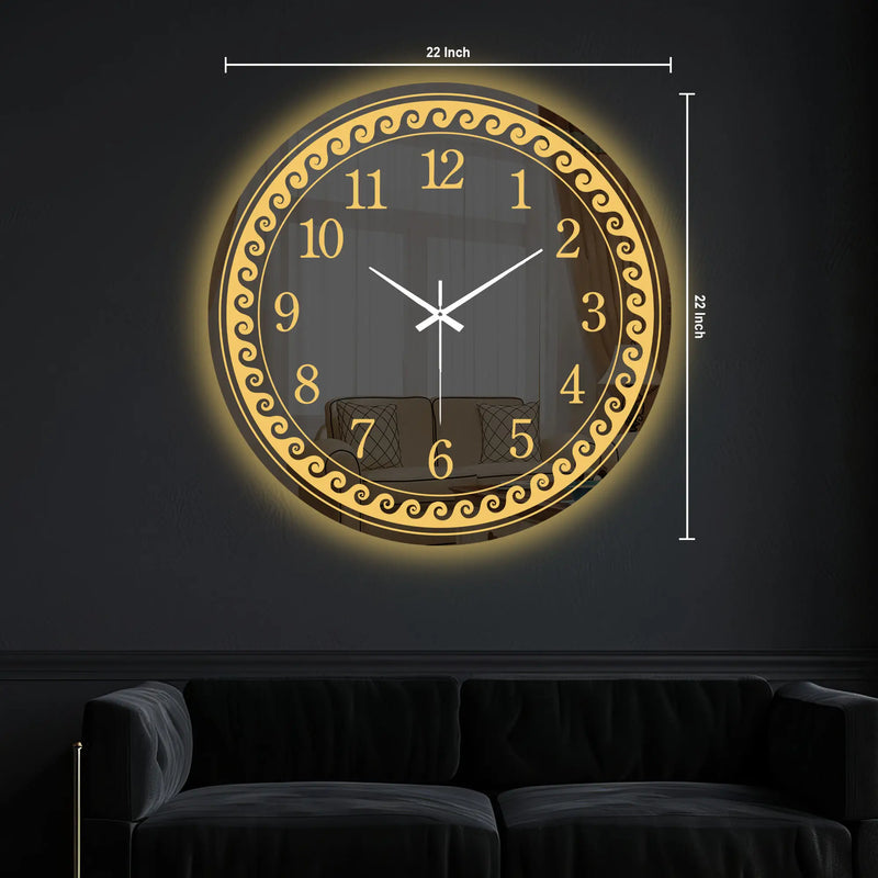 Aesthetic Round LED Mirror Wall Clock with Golden Swirl Design