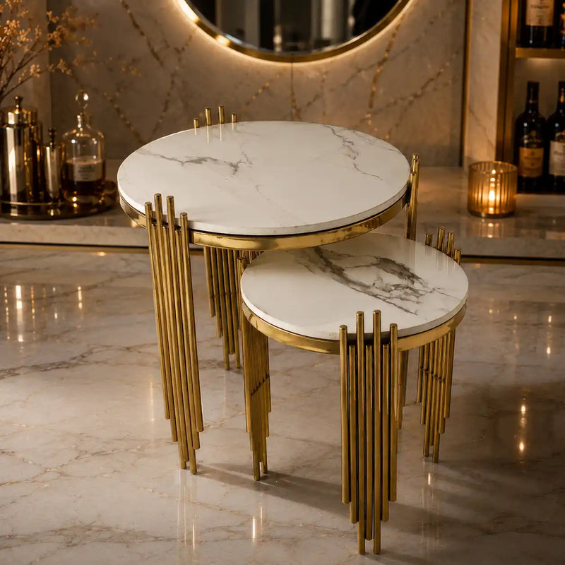 Aesthetic Round Nesting Table with Marble Top Set Of 2