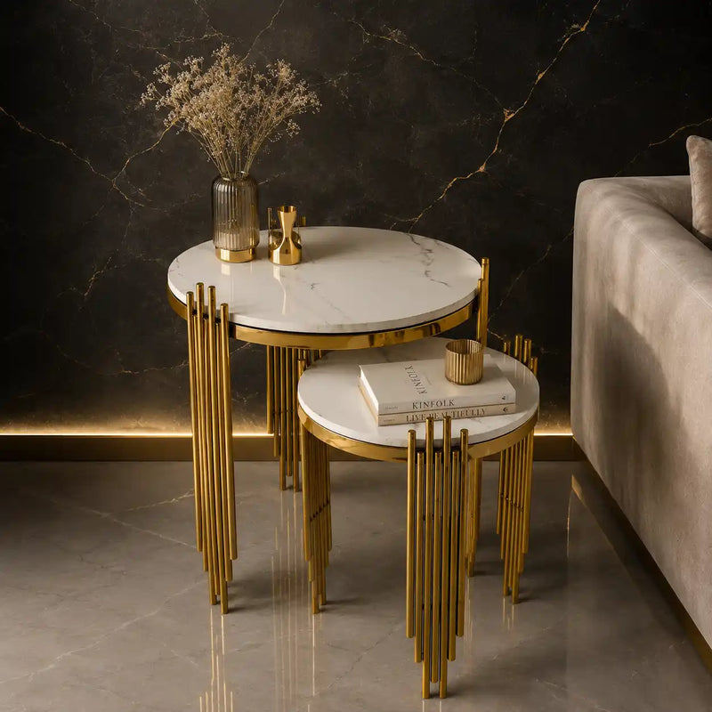 Aesthetic Round Nesting Table with Marble Top Set Of 2
