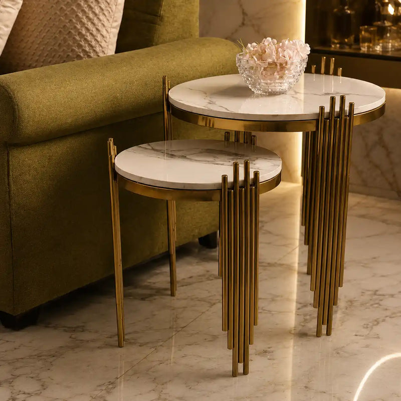Aesthetic Round Nesting Table with Marble Top Set Of 2