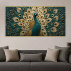 Aesthetic Royal Blue & Gold Peacock 3D Bas-Relief Type Canvas Wall Painting