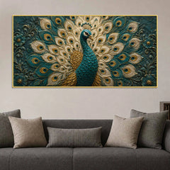 Aesthetic Royal Blue & Gold Peacock 3D Bas-Relief Type Canvas Wall Painting