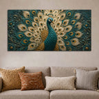 Aesthetic Royal Blue & Gold Peacock 3D Bas-Relief Type Canvas Wall Painting