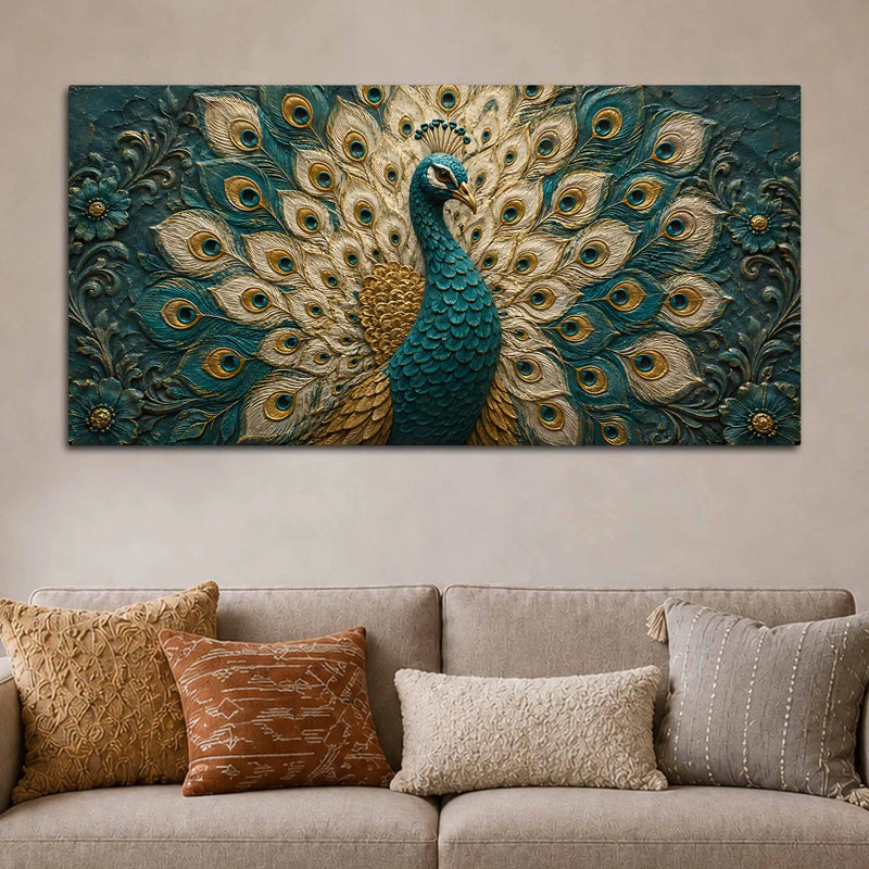Aesthetic Royal Blue & Gold Peacock 3D Bas-Relief Type Canvas Wall Painting