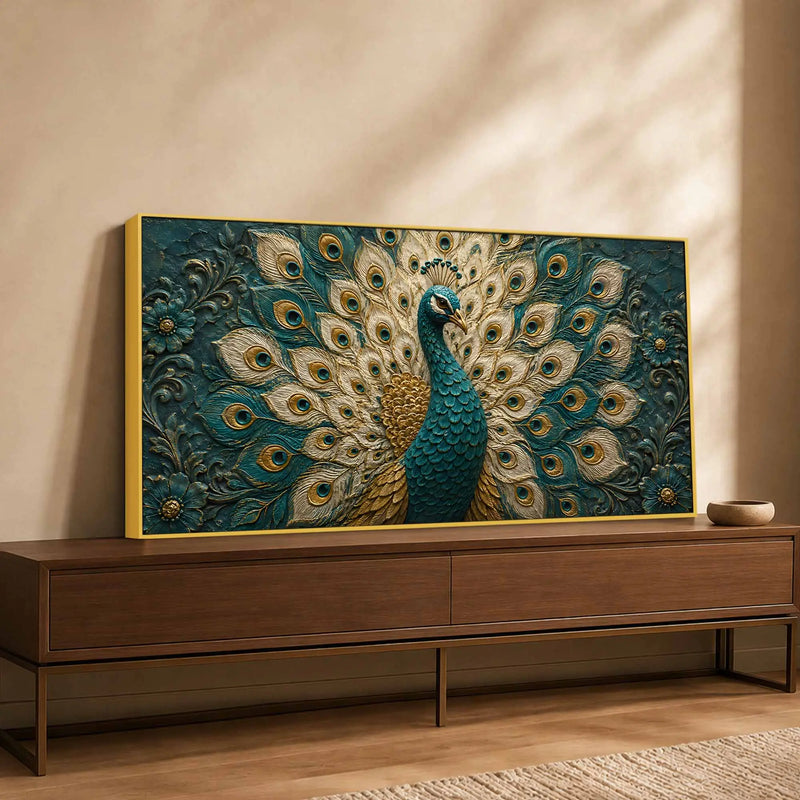 Aesthetic Royal Blue & Gold Peacock 3D Bas-Relief Type Canvas Wall Painting