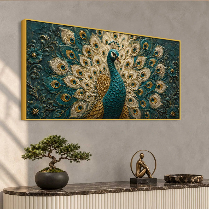 Aesthetic Royal Blue & Gold Peacock 3D Bas-Relief Type Canvas Wall Painting