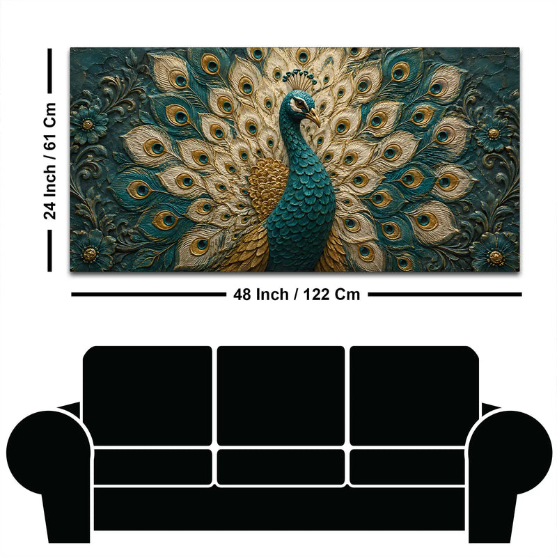 Aesthetic Royal Blue & Gold Peacock 3D Bas-Relief Type Canvas Wall Painting