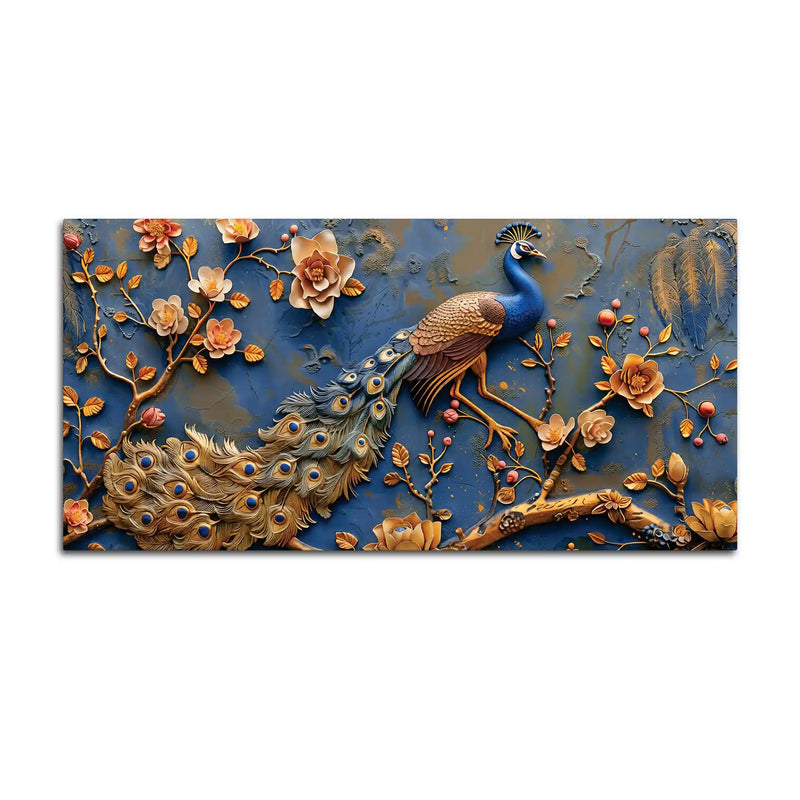 Aesthetic Royal Peacock Among Golden Blossoms Canvas Wall Painting