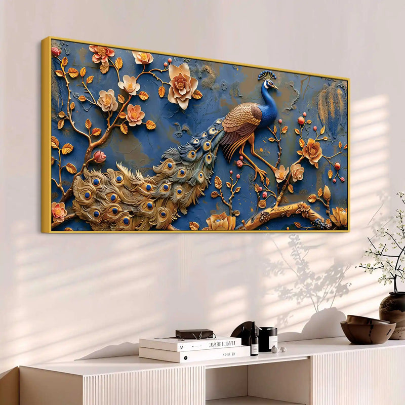 Aesthetic Royal Peacock Among Golden Blossoms Canvas Wall Painting