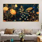 Aesthetic Royal Peacock In Gold Floral Canvas Wall Painting