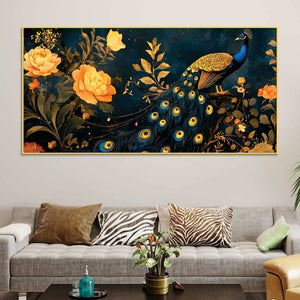 Aesthetic Royal Peacock In Gold Floral Canvas Wall Painting