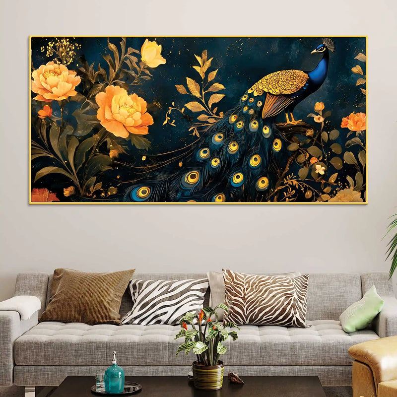 Aesthetic Royal Peacock In Gold Floral Canvas Wall Painting