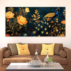 Aesthetic Royal Peacock In Gold Floral Canvas Wall Painting