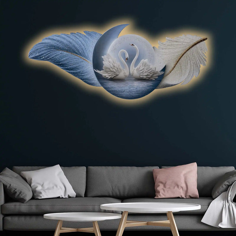 Aesthetic Swan Couple & Feather Wings Crystal Glass Backlit LED Painting