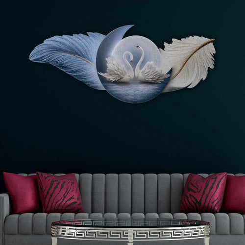 Aesthetic Swan Couple & Feather Wings Crystal Glass Backlit LED Wall Art