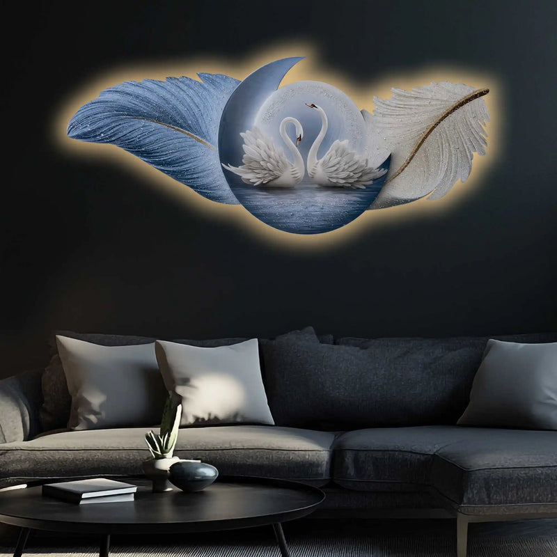 Aesthetic Swan Couple & Feather Wings Crystal Glass Backlit LED Wall Art