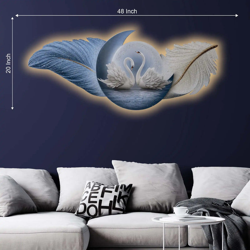 Aesthetic Swan Couple & Feather Wings Crystal Glass Backlit LED Wall Art