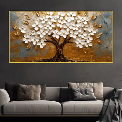 Aesthetic White Blossom Tree with Golden Leaves 3D Canvas Wall Painting