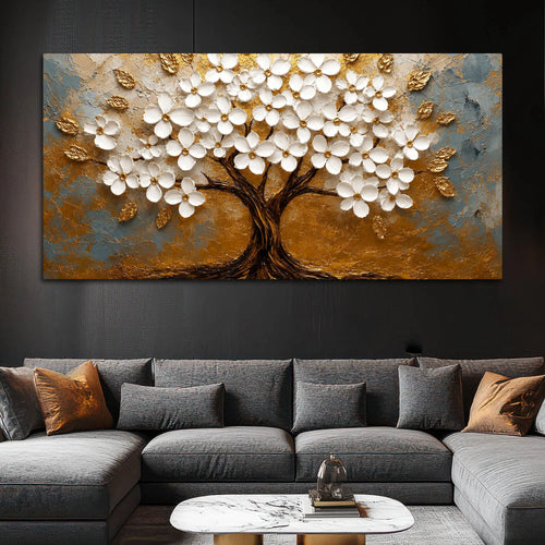 Aesthetic White Blossom Tree with Golden Leaves 3D Canvas Wall Painting
