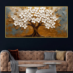 Aesthetic White Blossom Tree with Golden Leaves 3D Canvas Wall Painting