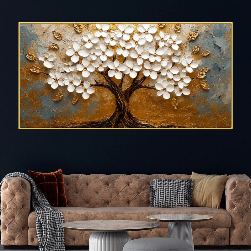 Aesthetic White Blossom Tree with Golden Leaves 3D Canvas Wall Painting