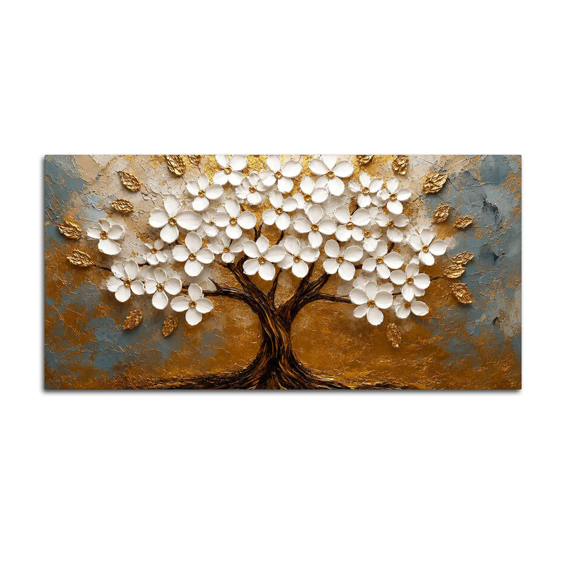 Aesthetic White Blossom Tree with Golden Leaves 3D Canvas Wall Painting