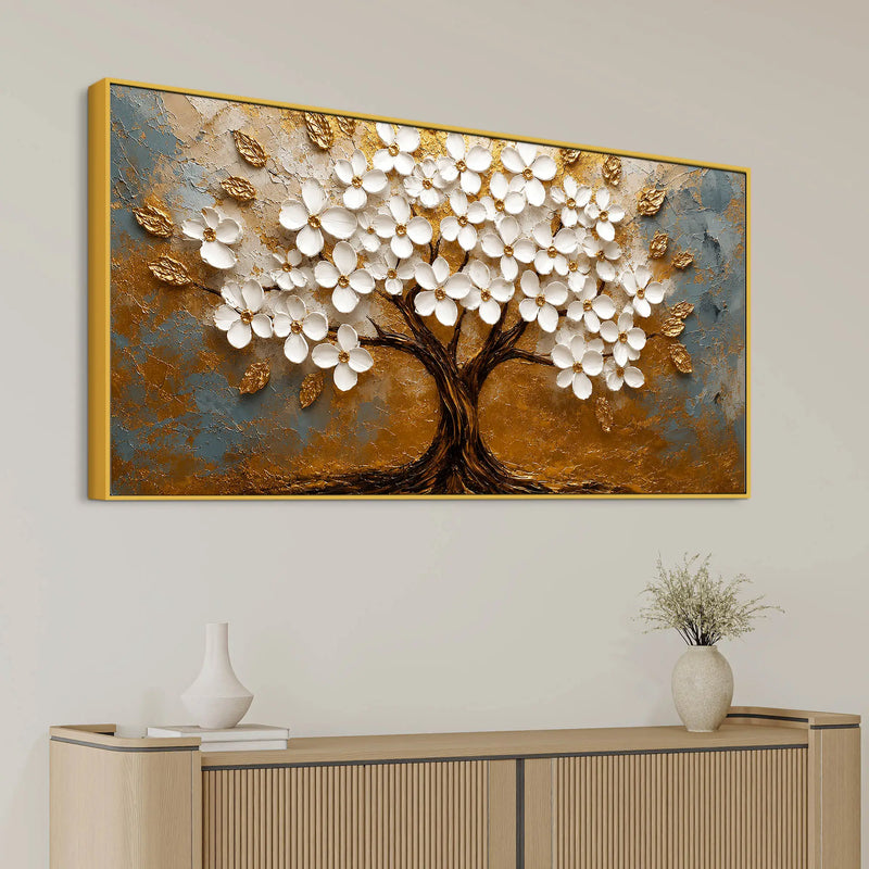 Aesthetic White Blossom Tree with Golden Leaves 3D Canvas Wall Painting