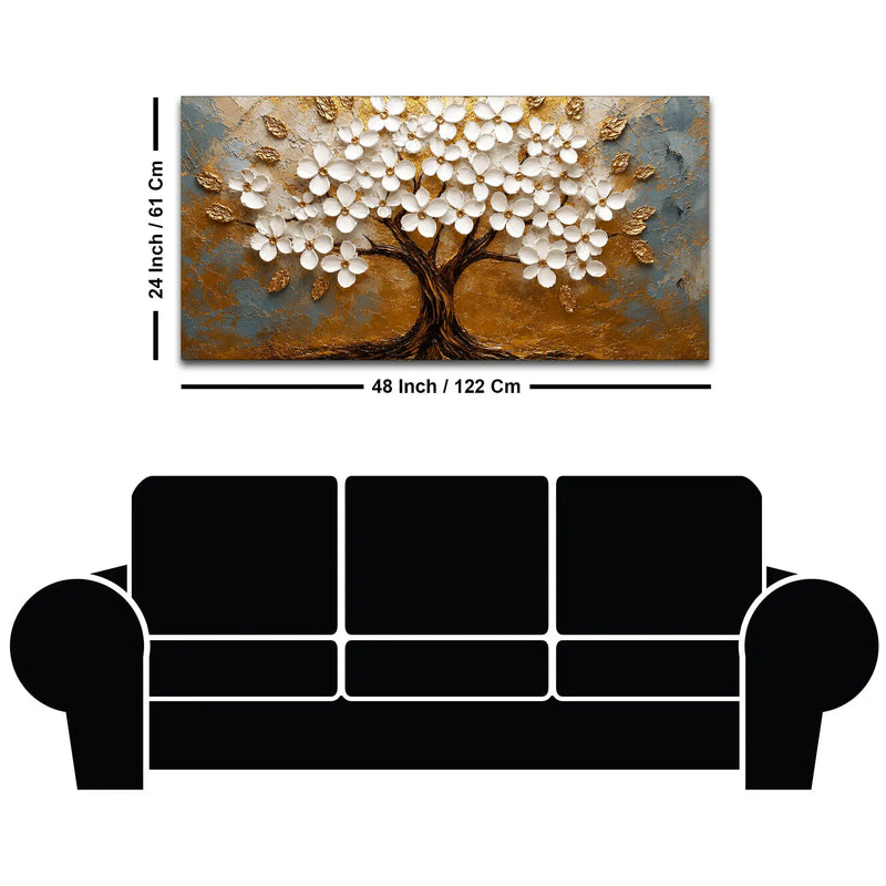 Aesthetic White Blossom Tree with Golden Leaves 3D Canvas Wall Painting