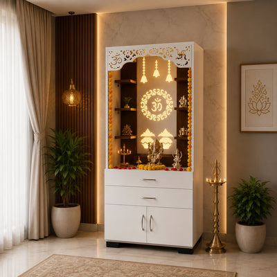 Aesthetic White Finish Wooden Floor Temple with Om LED Back Panel & Spacious Drawer Storage Cabinet for Home & Office
