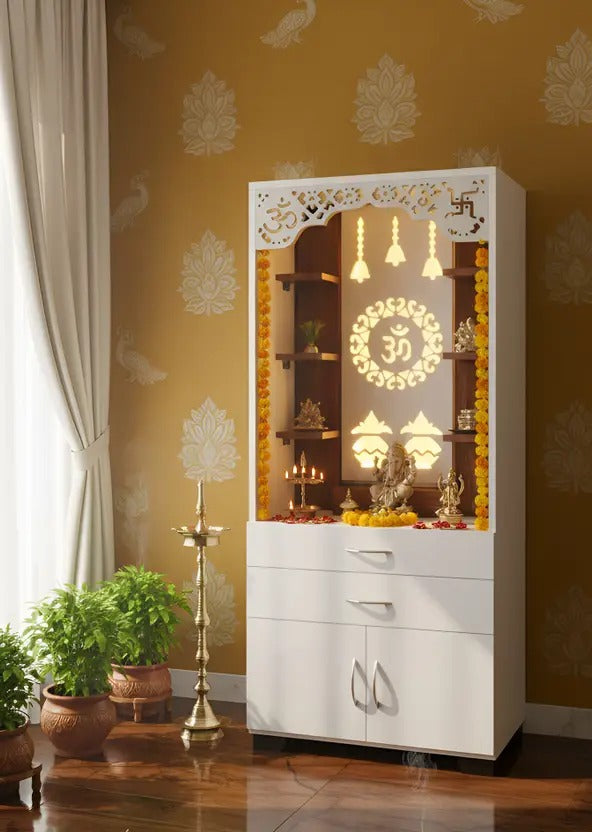 Aesthetic White Finish Wooden Floor Temple with Om LED Back Panel & Spacious Drawer Storage Cabinet for Home & Office