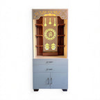 Aesthetic White Finish Wooden Floor Temple with Om LED Back Panel & Spacious Drawer Storage Cabinet for Home & Office