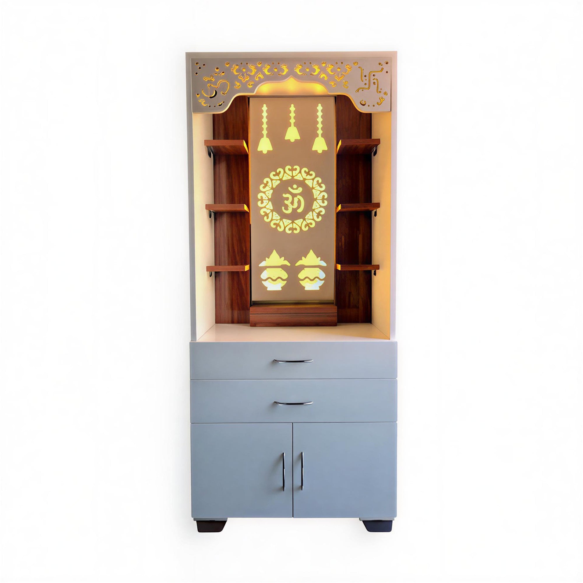 Aesthetic White Finish Wooden Floor Temple with Om LED Back Panel & Spacious Drawer Storage Cabinet for Home & Office