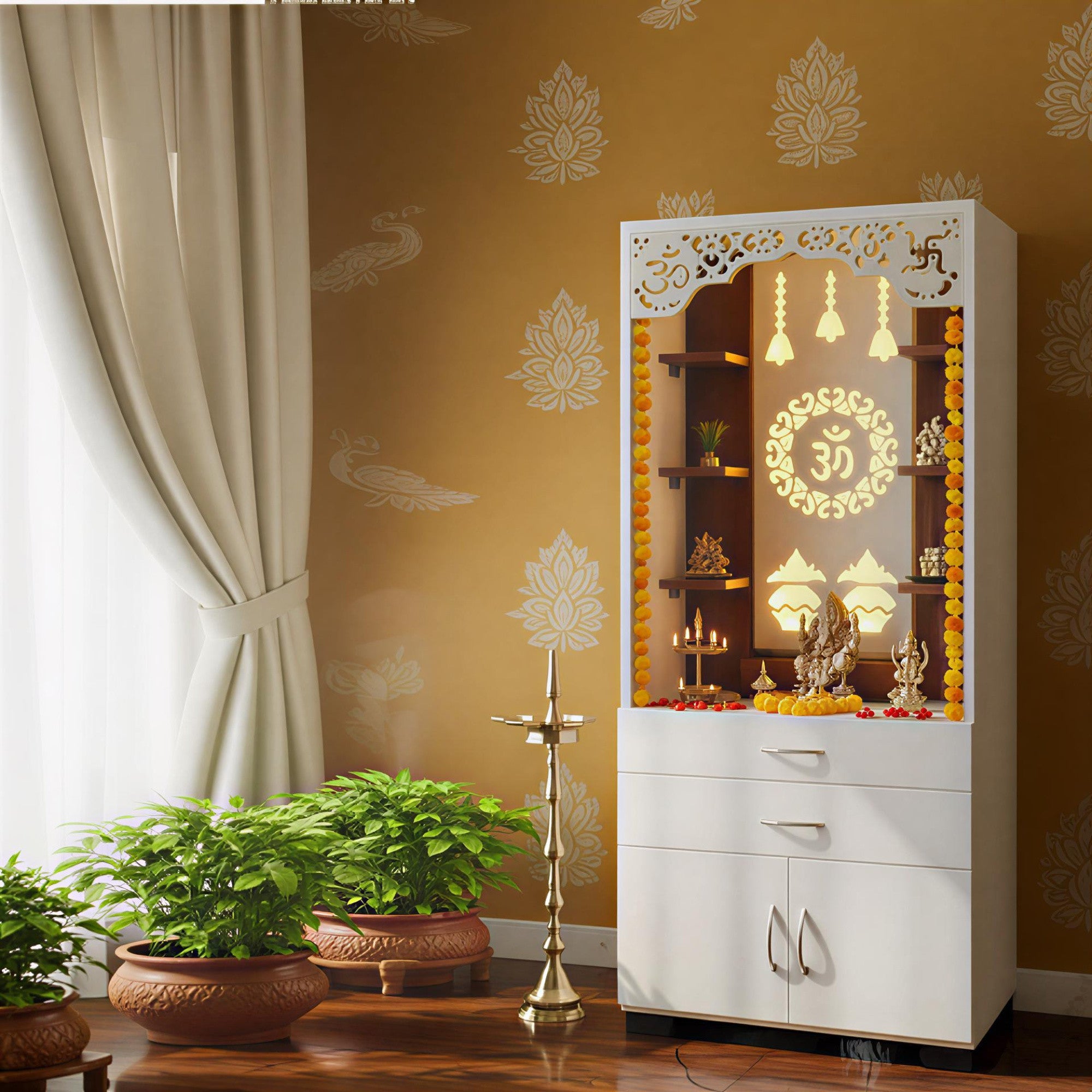 Aesthetic White Finish Wooden Floor Temple with Om LED Back Panel & Spacious Drawer Storage Cabinet for Home & Office