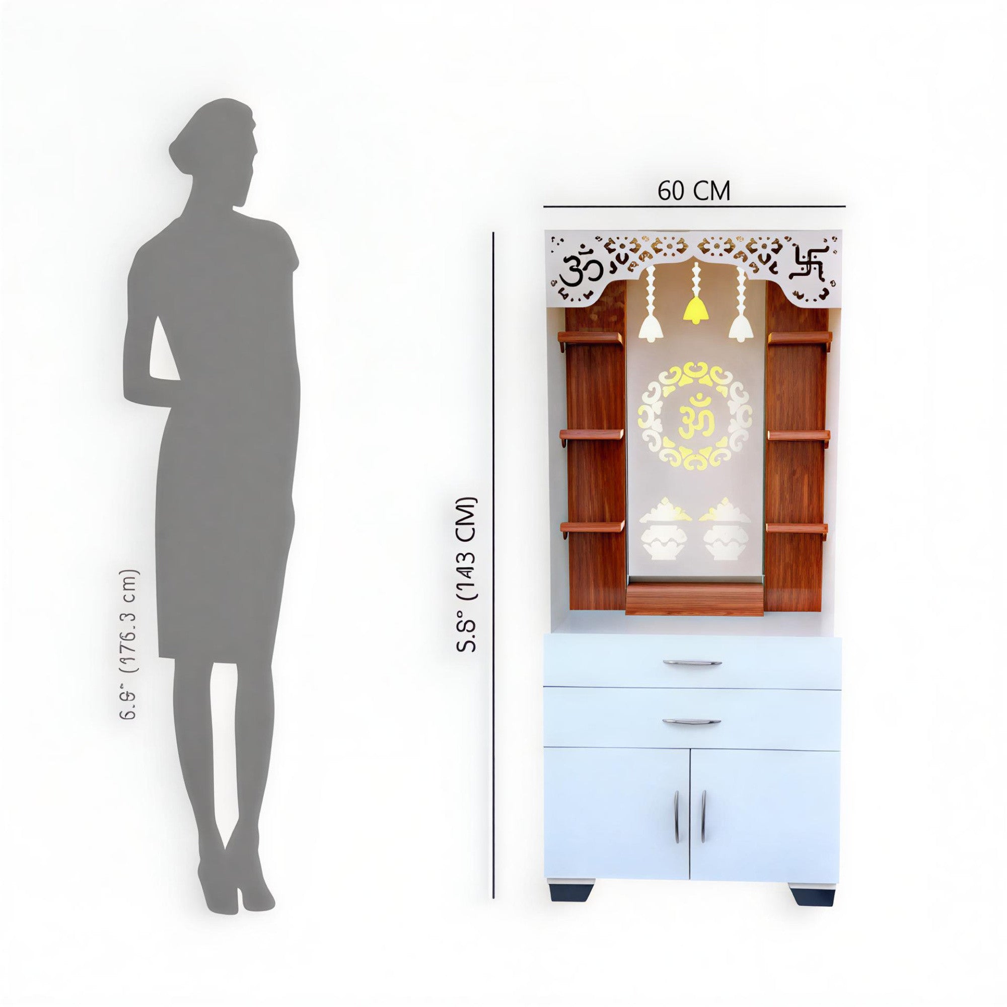 Aesthetic White Finish Wooden Floor Temple with Om LED Back Panel & Spacious Drawer Storage Cabinet for Home & Office