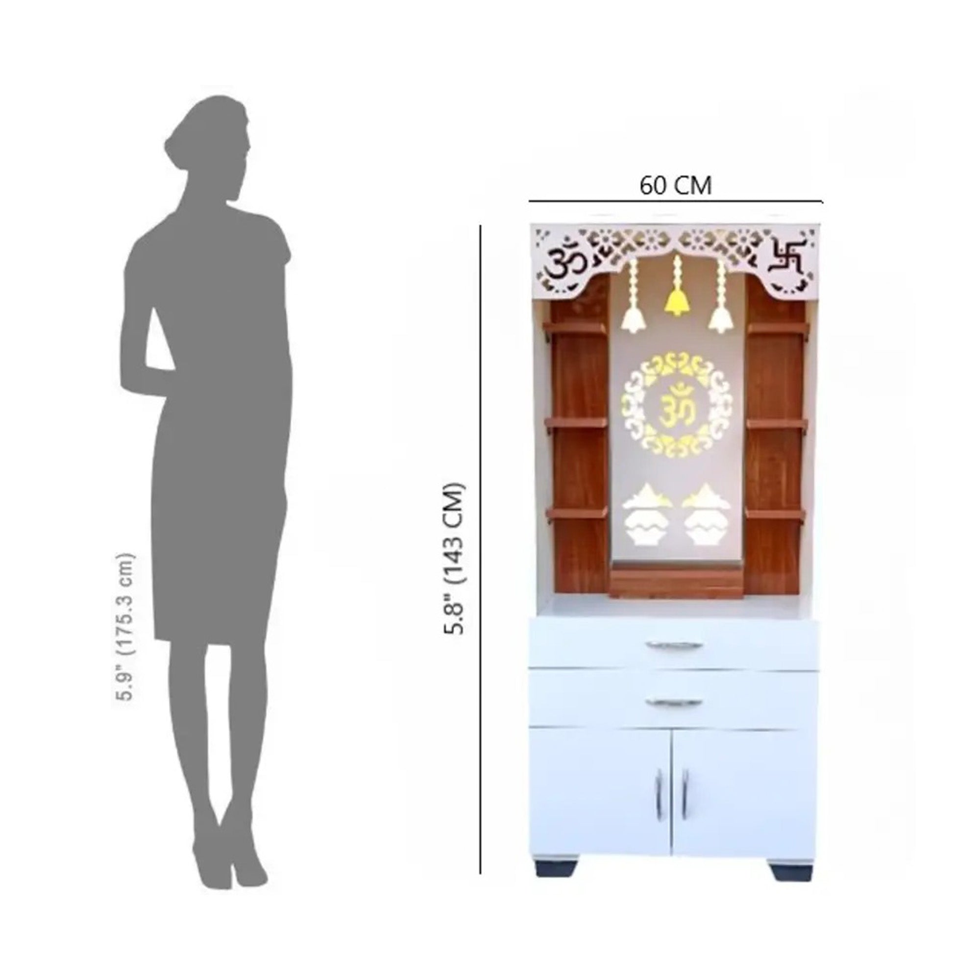 Aesthetic White Finish Wooden Floor Temple with Om LED Back Panel & Spacious Drawer Storage Cabinet for Home & Office