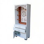 Aesthetic White Finish Wooden Floor Temple with Om LED Back Panel & Spacious Drawer Storage Cabinet for Home & Office