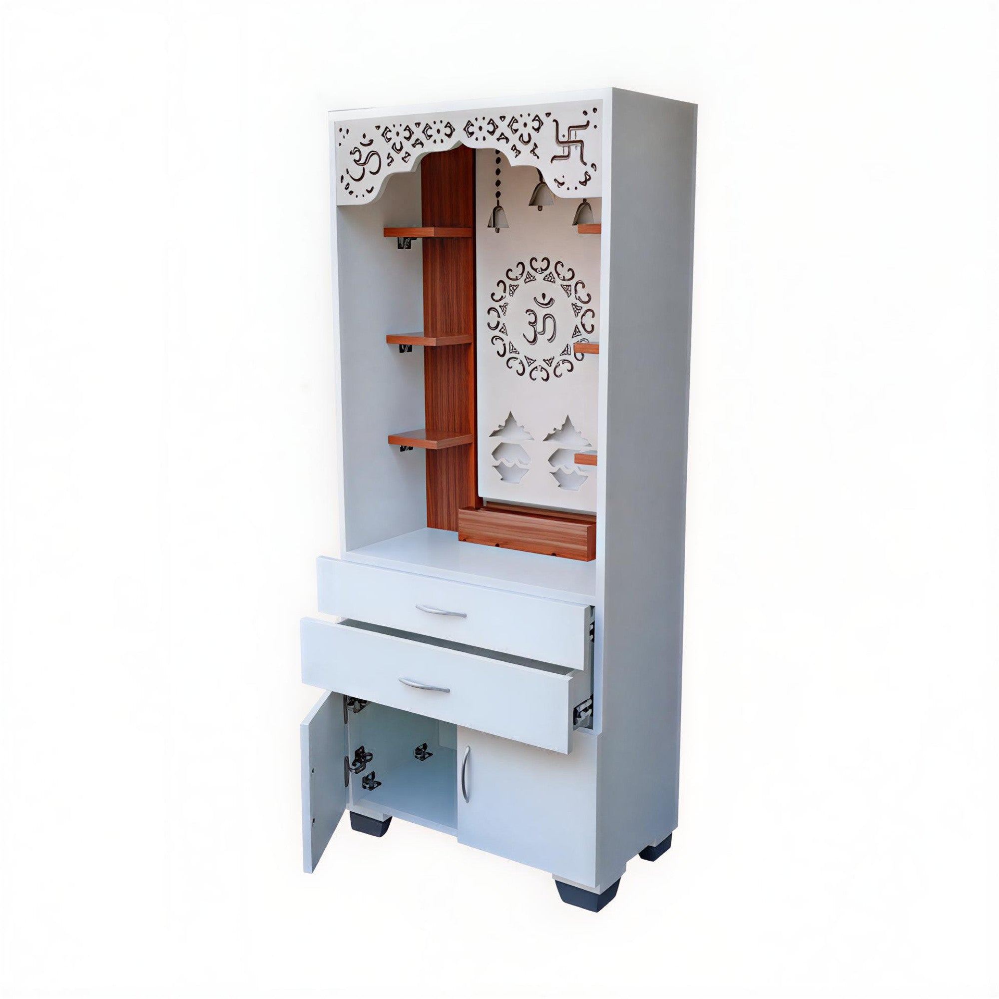 Aesthetic White Finish Wooden Floor Temple with Om LED Back Panel & Spacious Drawer Storage Cabinet for Home & Office