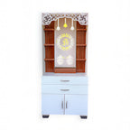Aesthetic White Finish Wooden Floor Temple with Om LED Back Panel & Spacious Drawer Storage Cabinet for Home & Office