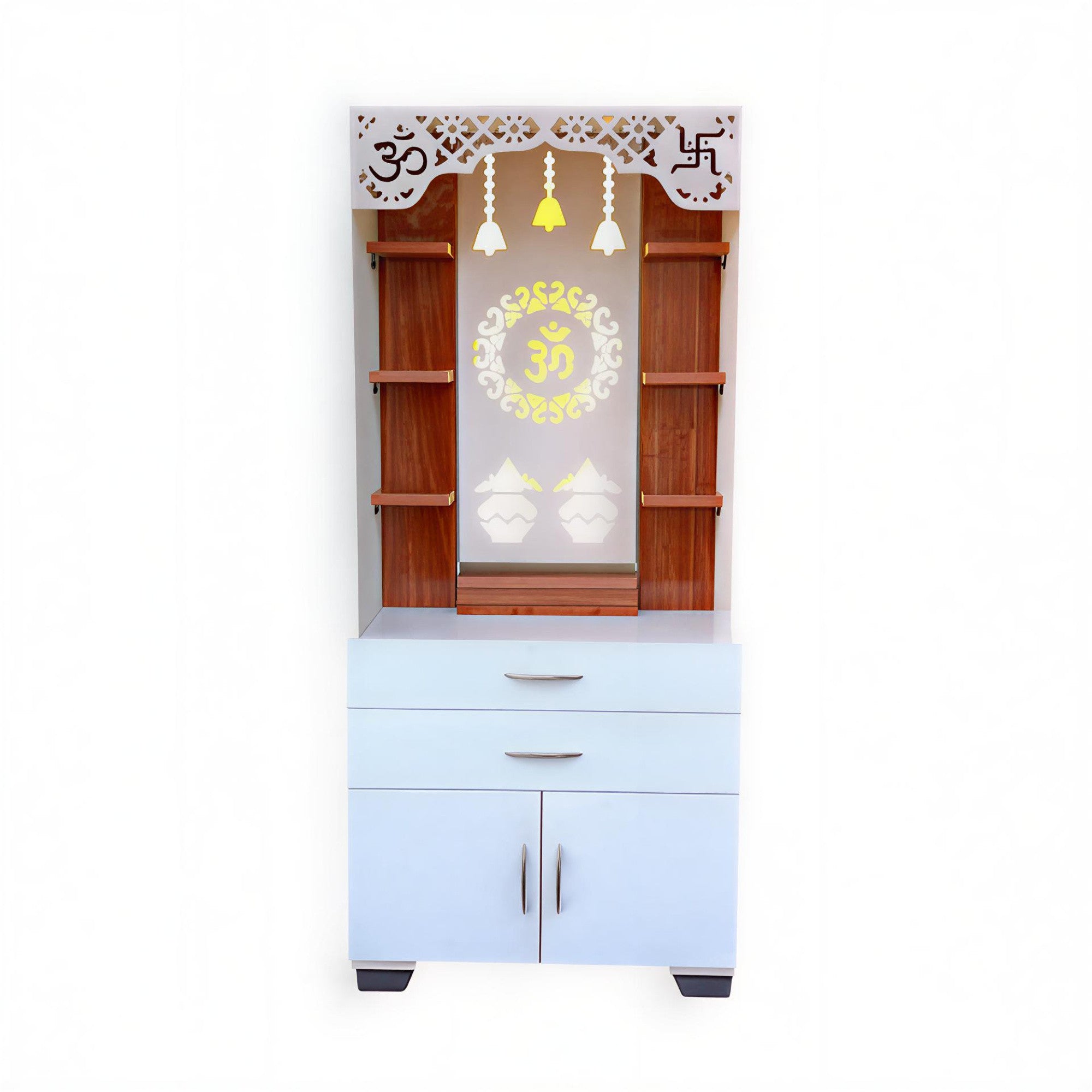 Aesthetic White Finish Wooden Floor Temple with Om LED Back Panel & Spacious Drawer Storage Cabinet for Home & Office