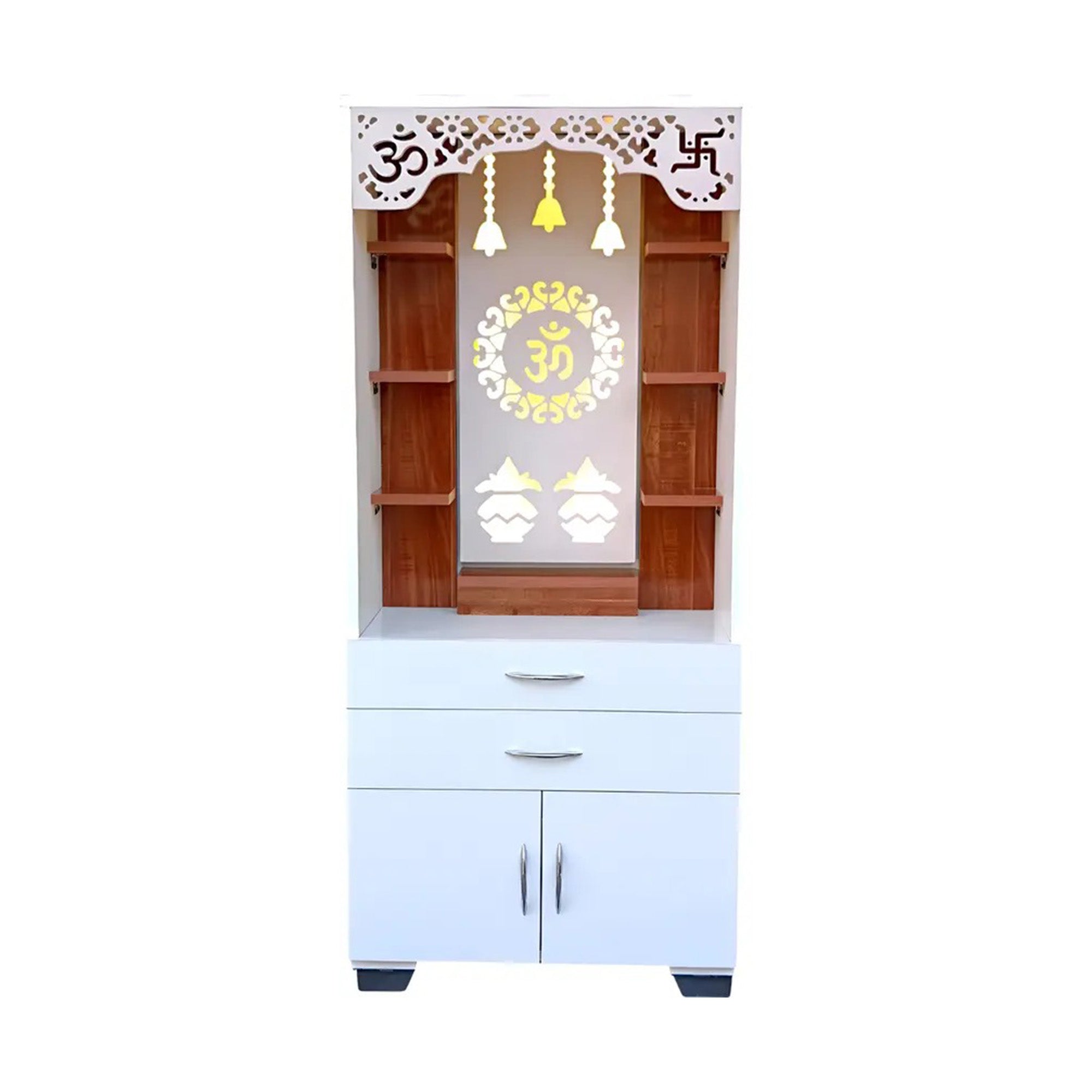 Aesthetic White Finish Wooden Floor Temple with Om LED Back Panel & Spacious Drawer Storage Cabinet for Home & Office